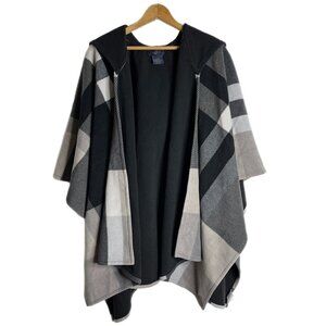 Rachel Roy Women's Fleece Cape Poncho One Size Black Plaid Hooded Open Jacket